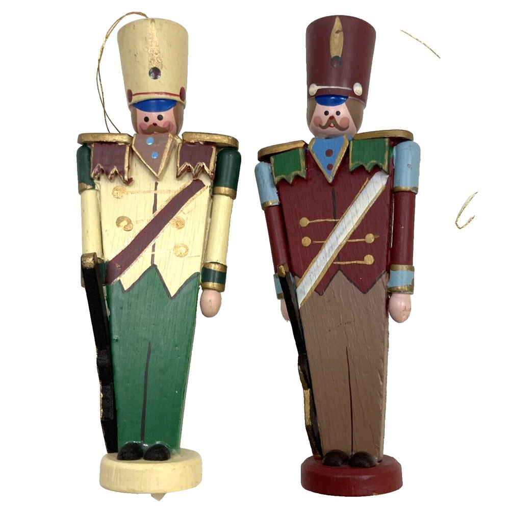 Pair Of Vintage Wooden Soldier Christmas Ornaments Made In Taiwan 6 in